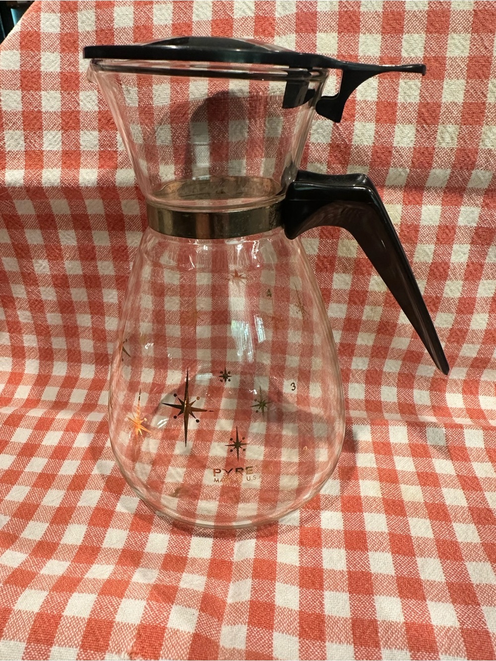 Pyrex Glass Coffee Carafe with Black Handle and Starburst Pattern